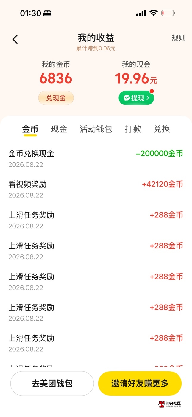 沟槽的美团。67万金币换了19.95。还差5分能体现，刷半小时视频又弄了20万金币，居然就64 / 作者:bij5 / 